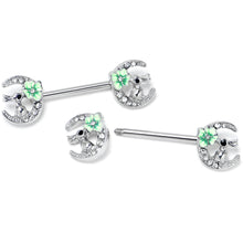 Load image into Gallery viewer, 14G 9/16 Clear Gem Rabbit On Moon Flower Green Nipple Ring Set

