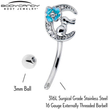 Load image into Gallery viewer, 16G 5/16 Clear CZ Gem Rabbit On The Moon Blue Curved Eyebrow Ring
