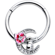 Load image into Gallery viewer, 16G 3/8 Clear CZ Gem Rabbit On The Moon Pink Hinged Segment Ring
