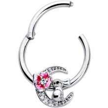 Load image into Gallery viewer, 16G 3/8 Clear CZ Gem Rabbit On The Moon Pink Hinged Segment Ring
