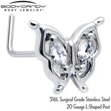 Load image into Gallery viewer, 20G 7mm Clear Gem Fancy Fab Butterfly L Shape Nose Ring
