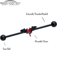 Load image into Gallery viewer, 14G Red Gem Black Bleeding Heart Bat Industrial Barbell 38mm
