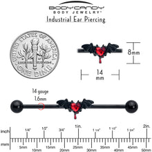 Load image into Gallery viewer, 14G Red Gem Black Bleeding Heart Bat Industrial Barbell 38mm
