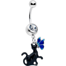 Load image into Gallery viewer, Clear Gem Butterfly Blue Black Cat Dangle Belly Ring
