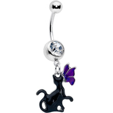 Load image into Gallery viewer, Clear Gem Butterfly Purple Black Cat Dangle Belly Ring
