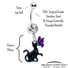 Load image into Gallery viewer, Clear Gem Butterfly Purple Black Cat Dangle Belly Ring
