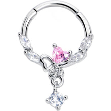 Load image into Gallery viewer, 16G 3/8 Pink CZ Gem Butterfly Heart Dangle Hinged Segment Ring
