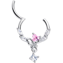 Load image into Gallery viewer, 16G 3/8 Pink CZ Gem Butterfly Heart Dangle Hinged Segment Ring
