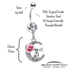 Load image into Gallery viewer, Clear Gem Rabbit On The Moon Pink Dangle Belly Ring

