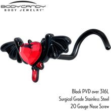 Load image into Gallery viewer, 20G 7mm Red Gem Black Bleeding Heart Bat Left Side Nose Screw
