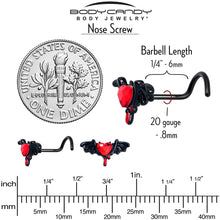 Load image into Gallery viewer, 20G 7mm Red Gem Black Bleeding Heart Bat Left Side Nose Screw
