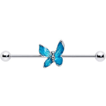 Load image into Gallery viewer, 14G Clear Gem Chunky Butterfly Blue Industrial Barbell 38mm
