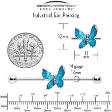 Load image into Gallery viewer, 14G Clear Gem Chunky Butterfly Blue Industrial Barbell 38mm
