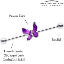 Load image into Gallery viewer, 14G Clear Gem Chunky Butterfly Purple Industrial Barbell 38mm
