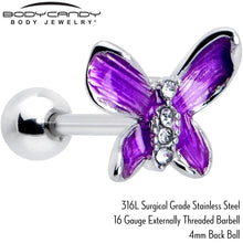 Load image into Gallery viewer, 16G 1/4 Clear Gem Chunky Butterfly Purple Cartilage Tragus Earring
