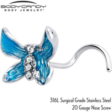 Load image into Gallery viewer, 20G 7mm Clear Gem Chunky Butterfly Blue Left Side Nose Screw
