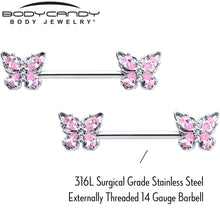 Load image into Gallery viewer, 14G 9/16 Pink Gem Baroque Beauty Butterfly Barbell Nipple Ring Set
