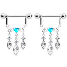 Load image into Gallery viewer, 14G 9/16 Blue Gem Heart Triple Drop Dangle Nipple Ring Set
