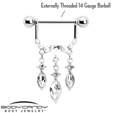 Load image into Gallery viewer, 14G 9/16 Clear Gem Heart Triple Drop Dangle Nipple Ring Set
