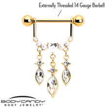 将图片加载到图库查看器，14G 9/16 Clear Gem Gold Tone Heart Triple Dangle Nipple Ring Set
