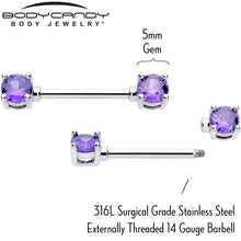Load image into Gallery viewer, 14G 9/16 Purple CZ Gem February Birthstone Nipple Ring Set

