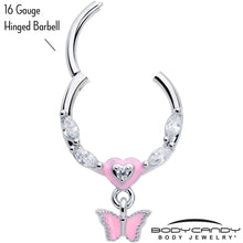 Load image into Gallery viewer, 16G 3/8 Clear CZ Gem Luv Butterfly Pink Dangle Hinged Segment Ring
