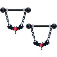Load image into Gallery viewer, 14G 9/16 Red Gem Black Bleeding Heart Bat Dangle Nipple Ring Set
