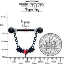 Load image into Gallery viewer, 14G 9/16 Red Gem Black Bleeding Heart Bat Dangle Nipple Ring Set
