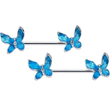 Load image into Gallery viewer, 14G 9/16 Clear Gem Chunky Butterfly Blue Barbell Nipple Ring Set
