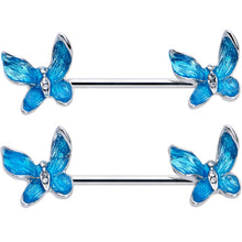Load image into Gallery viewer, 14G 9/16 Clear Gem Chunky Butterfly Blue Barbell Nipple Ring Set
