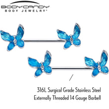 Load image into Gallery viewer, 14G 9/16 Clear Gem Chunky Butterfly Blue Barbell Nipple Ring Set
