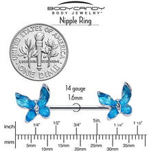 Load image into Gallery viewer, 14G 9/16 Clear Gem Chunky Butterfly Blue Barbell Nipple Ring Set
