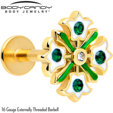 Load image into Gallery viewer, 16G 1/4 Green Gem Gold Tone Flower Wreath Flatback Stud
