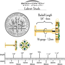 Load image into Gallery viewer, 16G 1/4 Green Gem Gold Tone Flower Wreath Flatback Stud
