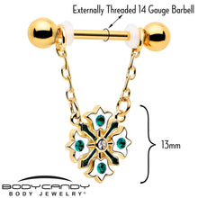 Load image into Gallery viewer, 14G 9/16 Green Gem Gold Tone Flower Wreath Dangle Nipple Ring Set
