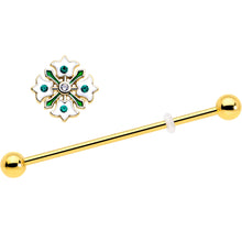 Load image into Gallery viewer, 14G Green Gem Gold Tone Flower Wreath Industrial Barbell 38mm
