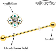 Load image into Gallery viewer, 14G Green Gem Gold Tone Flower Wreath Industrial Barbell 38mm
