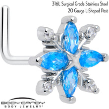 Load image into Gallery viewer, 20G 7mm Blue CZ Gem Classic Flower L Shape Nose Ring
