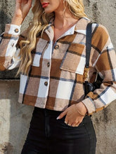 Load image into Gallery viewer, Women Brown Plaid Collared Neck Cropped Jacket Trendy &amp; Versatile Outerwear
