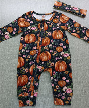 Load image into Gallery viewer, Baby Girls Footies Floral Print Ruffles Single Breasted Playsuit Headband Clothes Outfits For Girls with Bow Floral Printed

