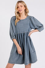 Load image into Gallery viewer, Washed Round Neck Puff Sleeve Denim Dress – Casual, Vintage-Inspired, Comfortable &amp; Chic, Effortlessly Stylish, Classic Denim Dress
