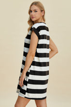 将图片加载到图库查看器，Full Size Striped Round Neck Cap Sleeve Mini Dress For Women – Striped Mini Dress, Full-Size Round Neck Dress, Comfortable Cap Sleeve Dress, Chic Striped Dress, Flattering Mini Dress, Casual Everyday Dress, Versatile Striped Dress
