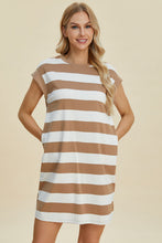 将图片加载到图库查看器，Full Size Striped Round Neck Cap Sleeve Mini Dress For Women – Striped Mini Dress, Full-Size Round Neck Dress, Comfortable Cap Sleeve Dress, Chic Striped Dress, Flattering Mini Dress, Casual Everyday Dress, Versatile Striped Dress

