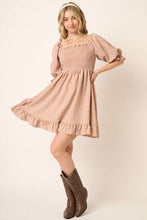 Load image into Gallery viewer, Smocked Ruffled Hem Half Sleeve Mini Dress, Cute, Elegant, Charming and Comfortable Mini Dress with Smocked Bodice and Whimsical Ruffled Hem
