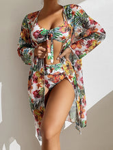 Load image into Gallery viewer, New Tropical Bloom 3-Piece Swimsuit Set – High Waist Floral Fluttering Bikini with Crew Neck Top Spaghetti Straps and Matching Long Sleeve Cover-Up – Stylish Stretchy Women’s Swimwear for Beach &amp; Summer Escapes
