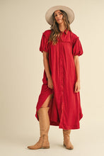 Load image into Gallery viewer, Mineral Washed Button Down Puff Sleeve Shirt Dress – Trendy Button Down Shirt Dress with Puff Sleeves and Unique Mineral Wash Finish for a Chic and Casual Look
