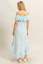 Load image into Gallery viewer, High-Low Eyelet Ruffled Off-Shoulder Dress For Summer – Fluttering, Flirty and Feminine Off-Shoulder Dress with Eyelet Detailing and High-Low Hem
