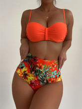 将图片加载到图库查看器，Bikini Tangerine Red Tropical Floral High Waist 2 Piece Swimsuit for Women – Stretchy Off the Shoulder Lace Up Bikini Set with Tummy Control and Customized Fit – Vibrant Summer Beachwear for Vacation Poolside and Resort Looks
