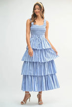 将图片加载到图库查看器，Pin Stripe Smocked Bodice Layered Midi Dress – Smocked Bodice Dress, Fluttering Pinstripe Midi Dress, Layered Midi Dress, Trendy Midi Dress, Flattering Pinstripe Dress
