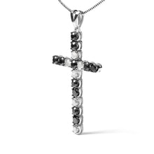 Load image into Gallery viewer, .925 Sterling Silver 2.0 Cttw Prong Set Round Natural Treated Black and White Diamond Cross Pendant Necklace - 18" (Black/H-I Color, I3 Clarity)
